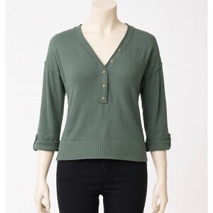 LOFT Sweater Womens Green V Neck‎ 3/4 Sleeve Breathable Knit Top Size Small